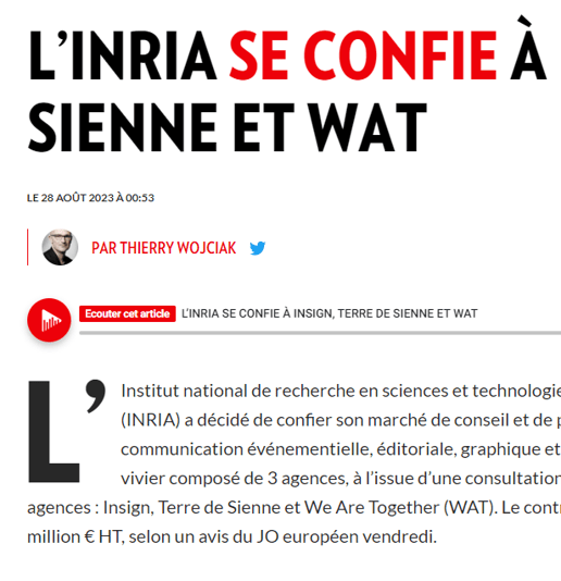 Article CB News sur l'Inria et Agence WAT