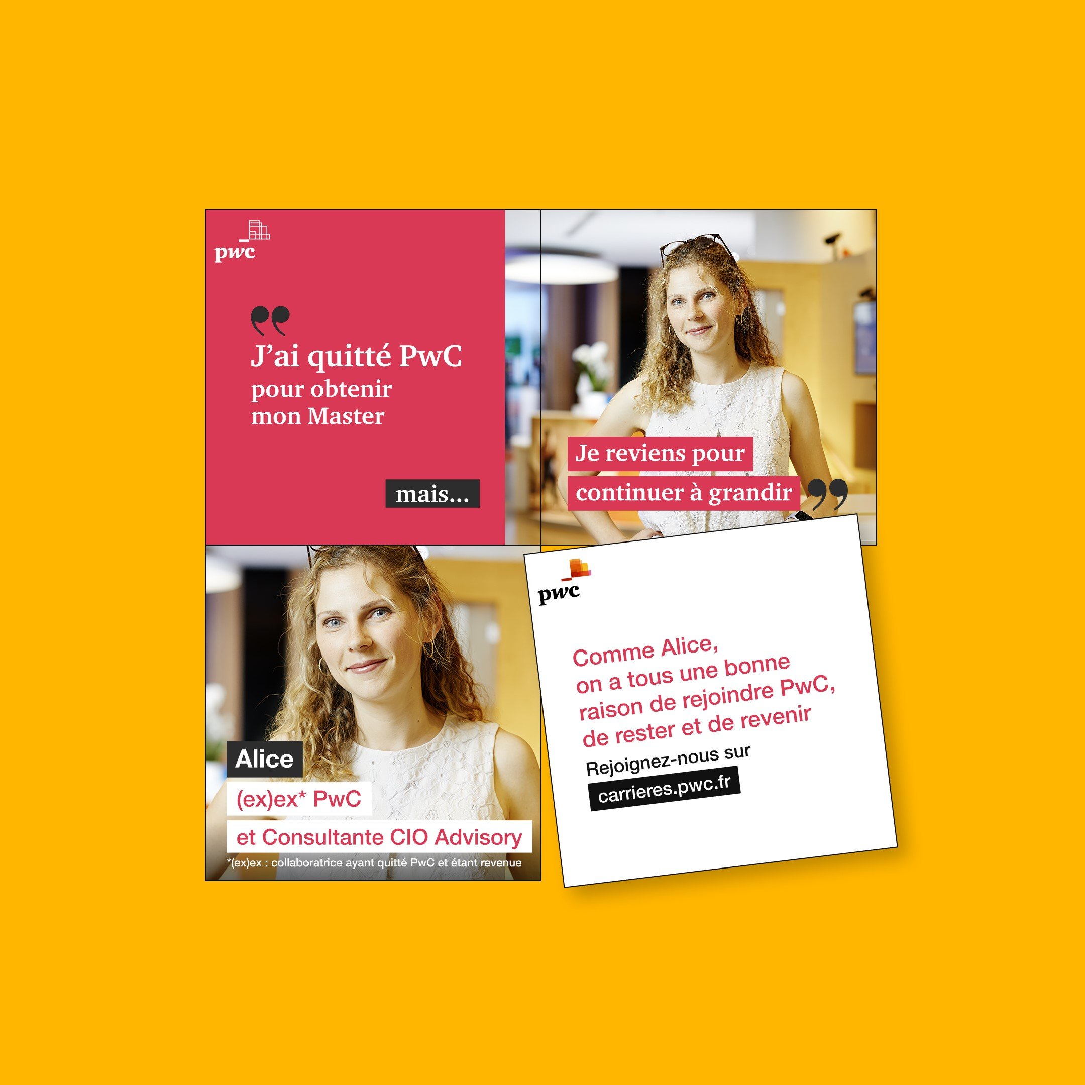 Visuel de la campagne EX(EX) créée par l’Agence WAT pour PwC, mettant en avant la communication RH et marque employeur primées à travers le témoignage d’une ancienne collaboratrice revenue après son master.