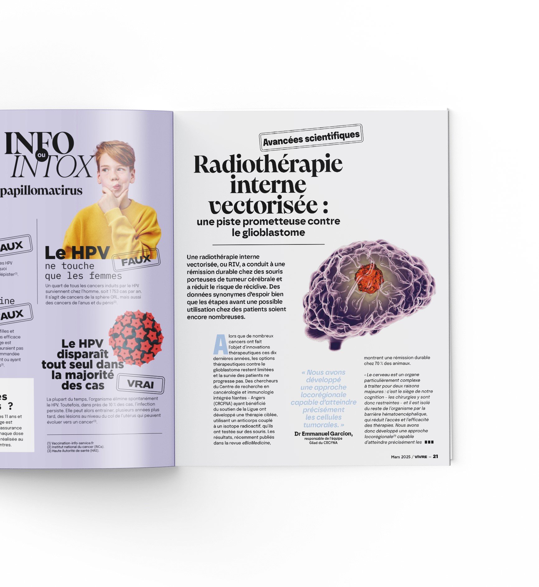 Page ouverte du magazine Vivre avec illustrations et texte sur la radiothérapie interne vectorisée. Sur l’autre page, on aperçoit une section intitulée “Info ou intox”