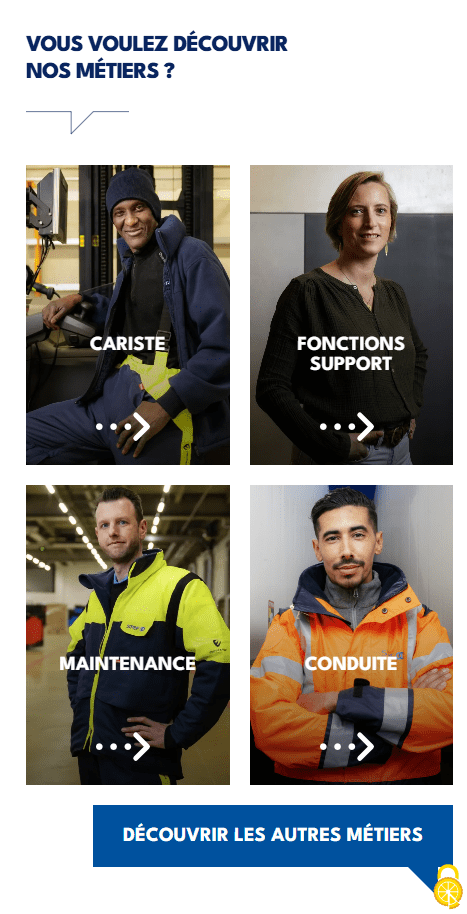 Capture d’écran du hub candidat de STEF, un site de découverte des métiers conçu pour valoriser la marque employeur, dans le cadre d’une stratégie de communication RH primée accompagnée par le groupe We Are Together.